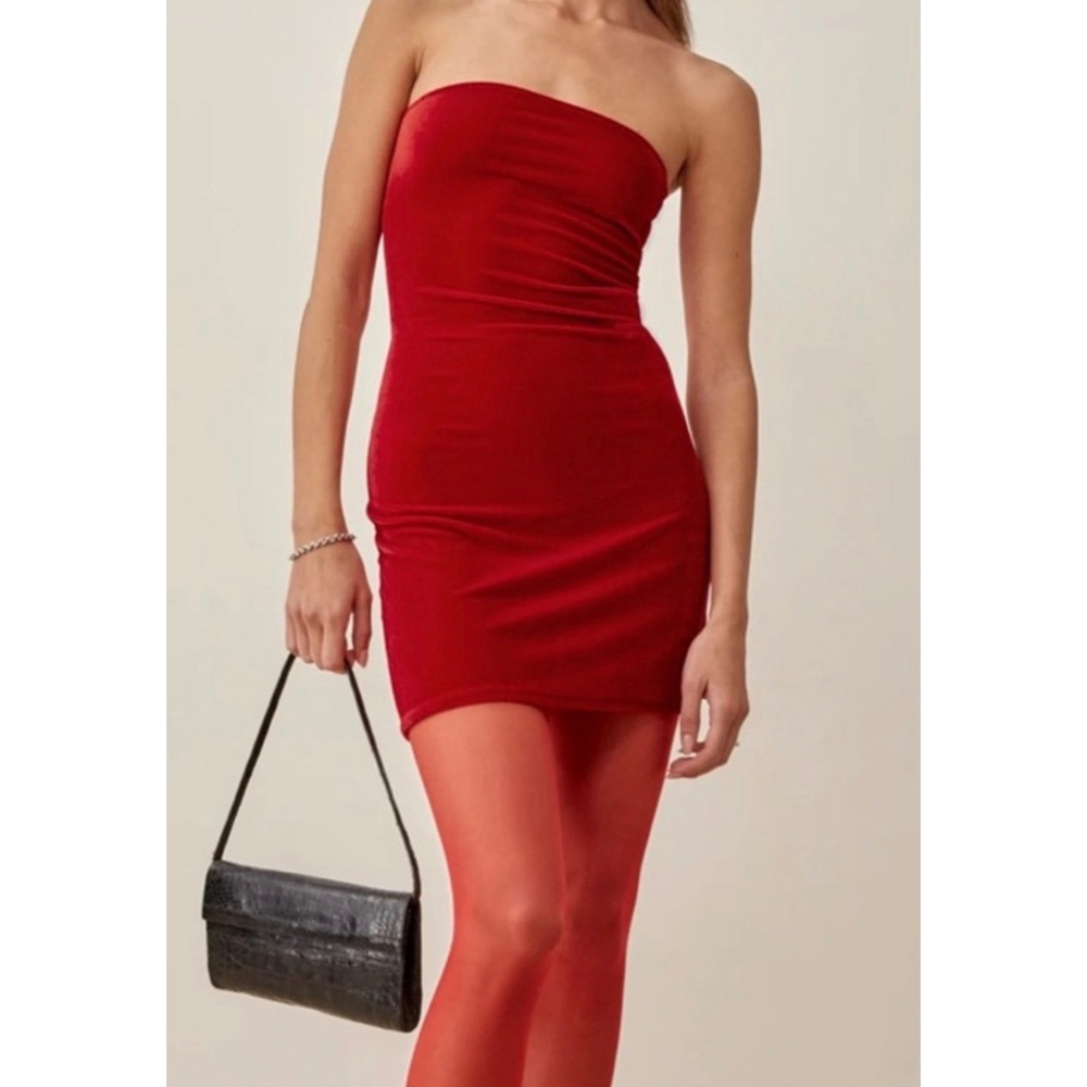 Reformation Astro cherry Red Velvet Strapless Mini Dress Bodycon Tube Dress